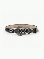 Black PU leather statement belt with rows of metallic studs and circular accents, an ornate oversized buckle, and a bold 1.5-inch silhouette.