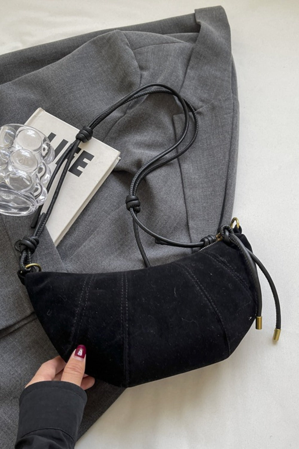 PU Leather Strap Suede Shoulder Bag-Black-OS-Soulshine Design