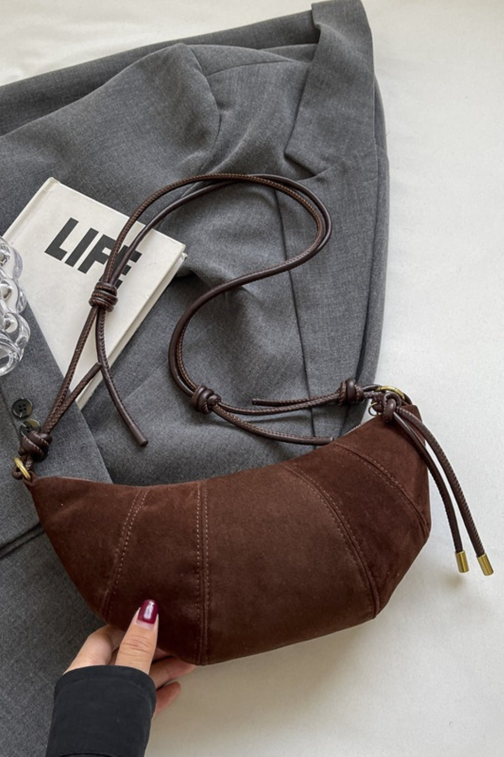 PU Leather Strap Suede Shoulder Bag-Brown-OS-Soulshine Design