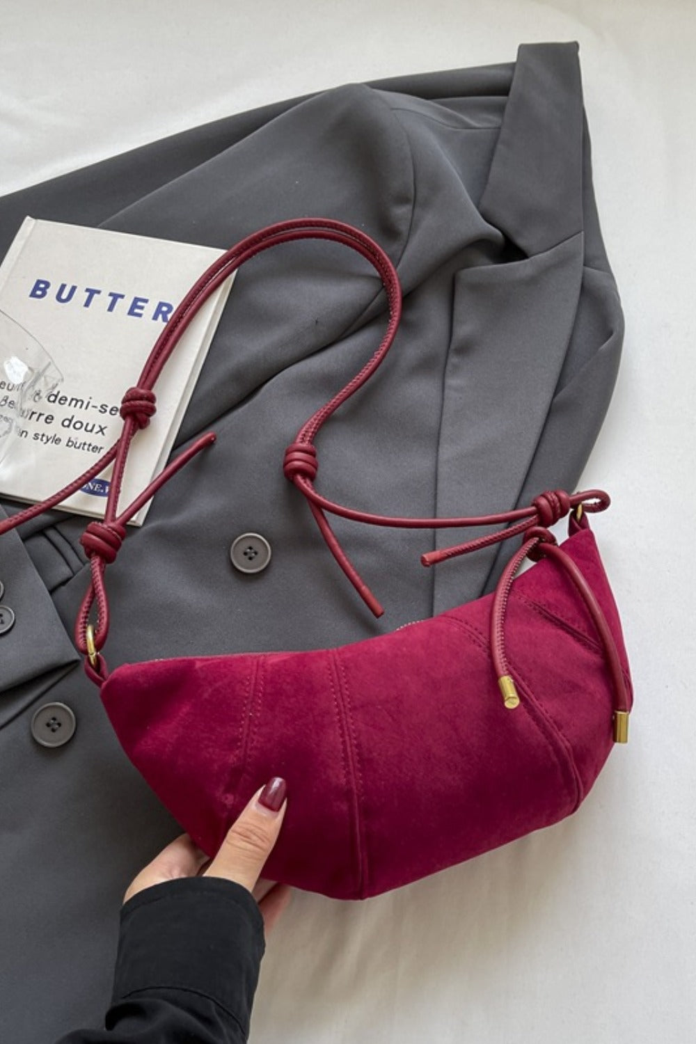 PU Leather Strap Suede Shoulder Bag-Cerise-OS-Soulshine Design