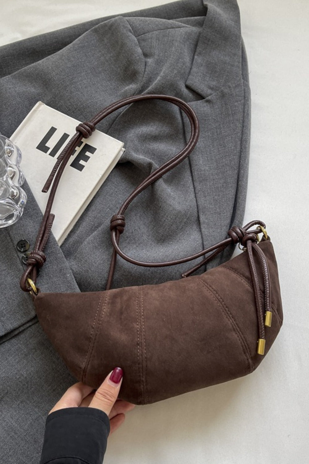 PU Leather Strap Suede Shoulder Bag-Coffee Brown-OS-Soulshine Design