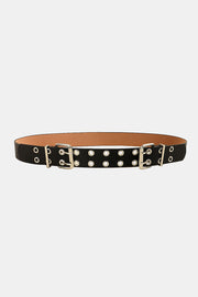 Black PU leather two-row eyelet belt with silver-tone hardware, twin buckles, and a streamlined 1.4-inch width for an edgy finish.