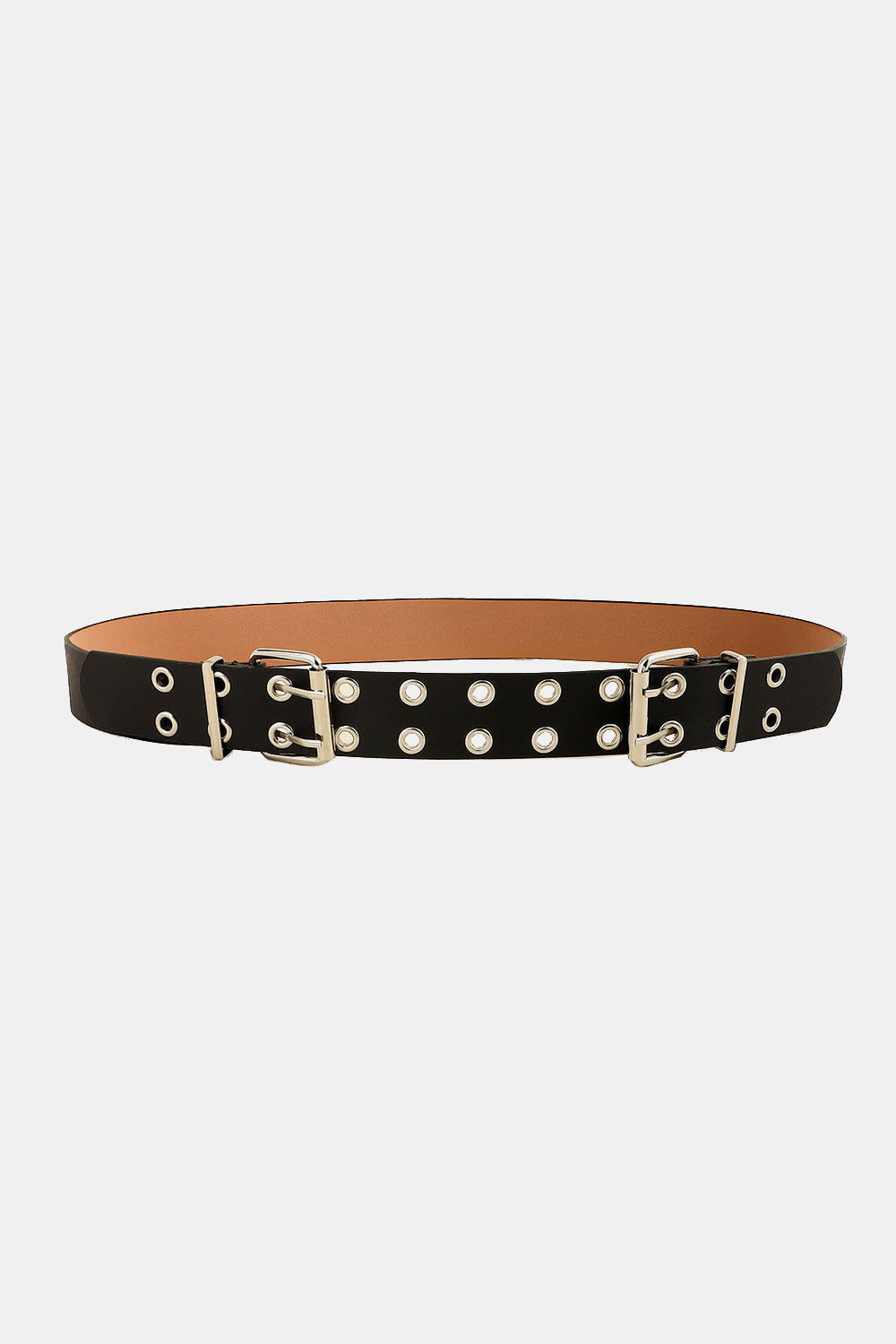 Black PU leather two-row eyelet belt with silver-tone hardware, twin buckles, and a streamlined 1.4-inch width for an edgy finish.
