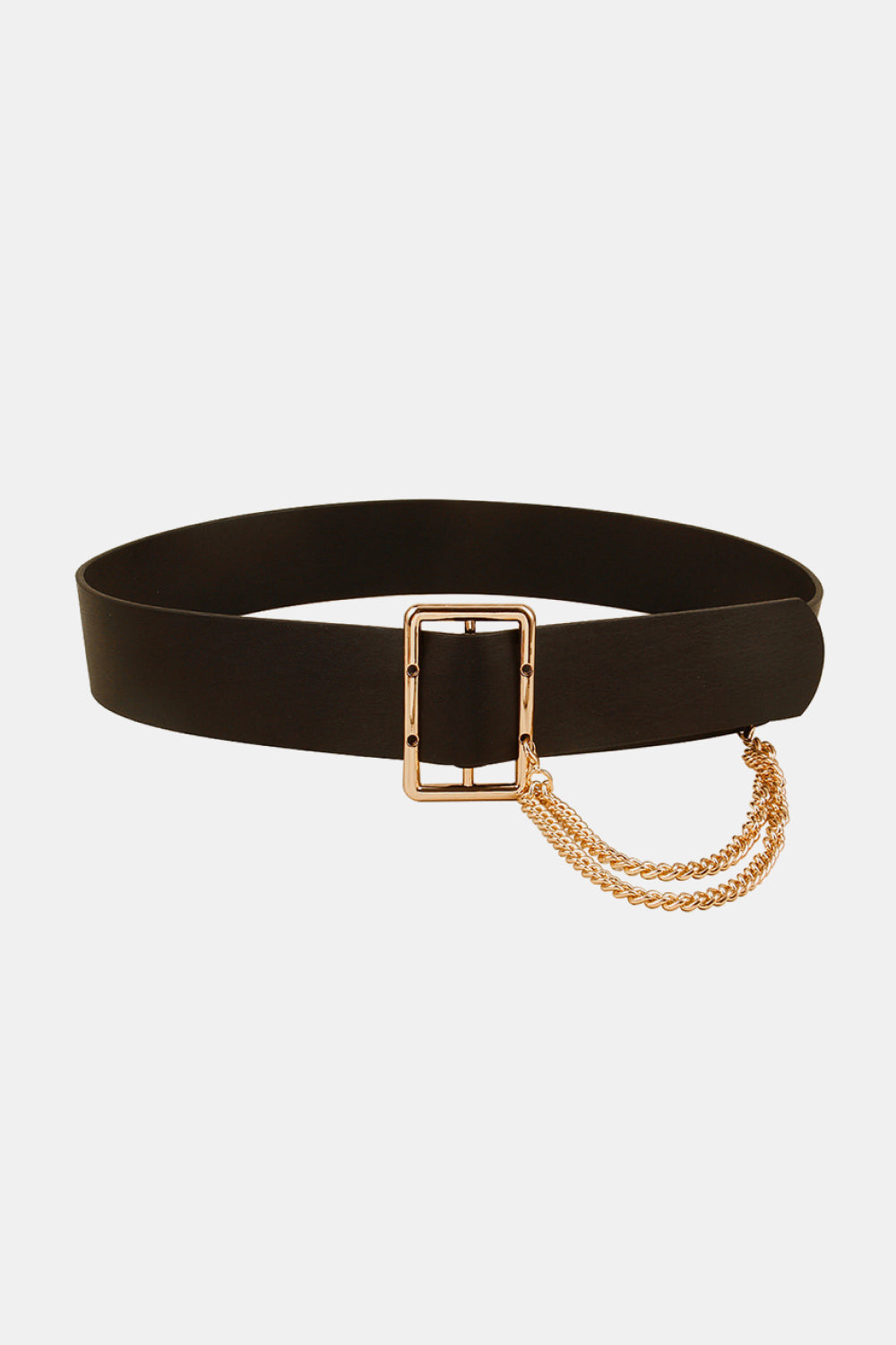Black PU leather wide belt with a sleek rectangular buckle and attached gold-tone chain detail, shown in a looped silhouette.