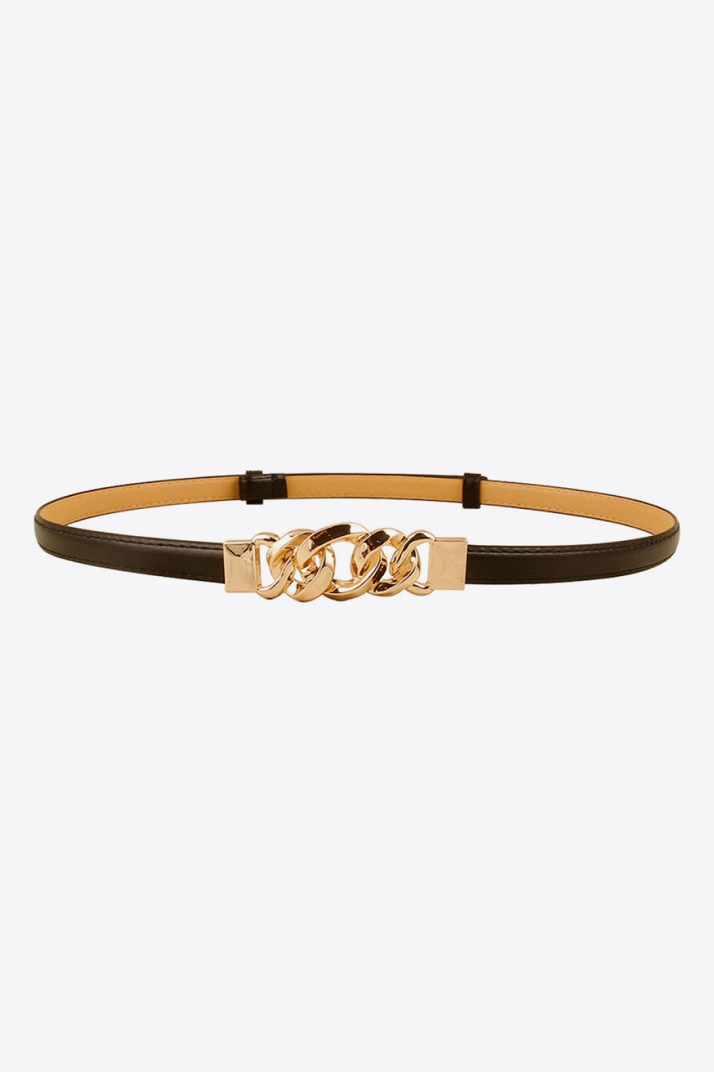 A skinny dark brown PU belt features a streamlined strap, tan lining, and a sculptural gold-tone zinc alloy chain-link buckle.