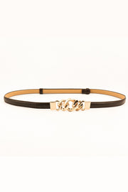 Slim black PU belt featuring a slender stitched strap and a sculptural gold-tone zinc alloy chain-link buckle detail at the center.