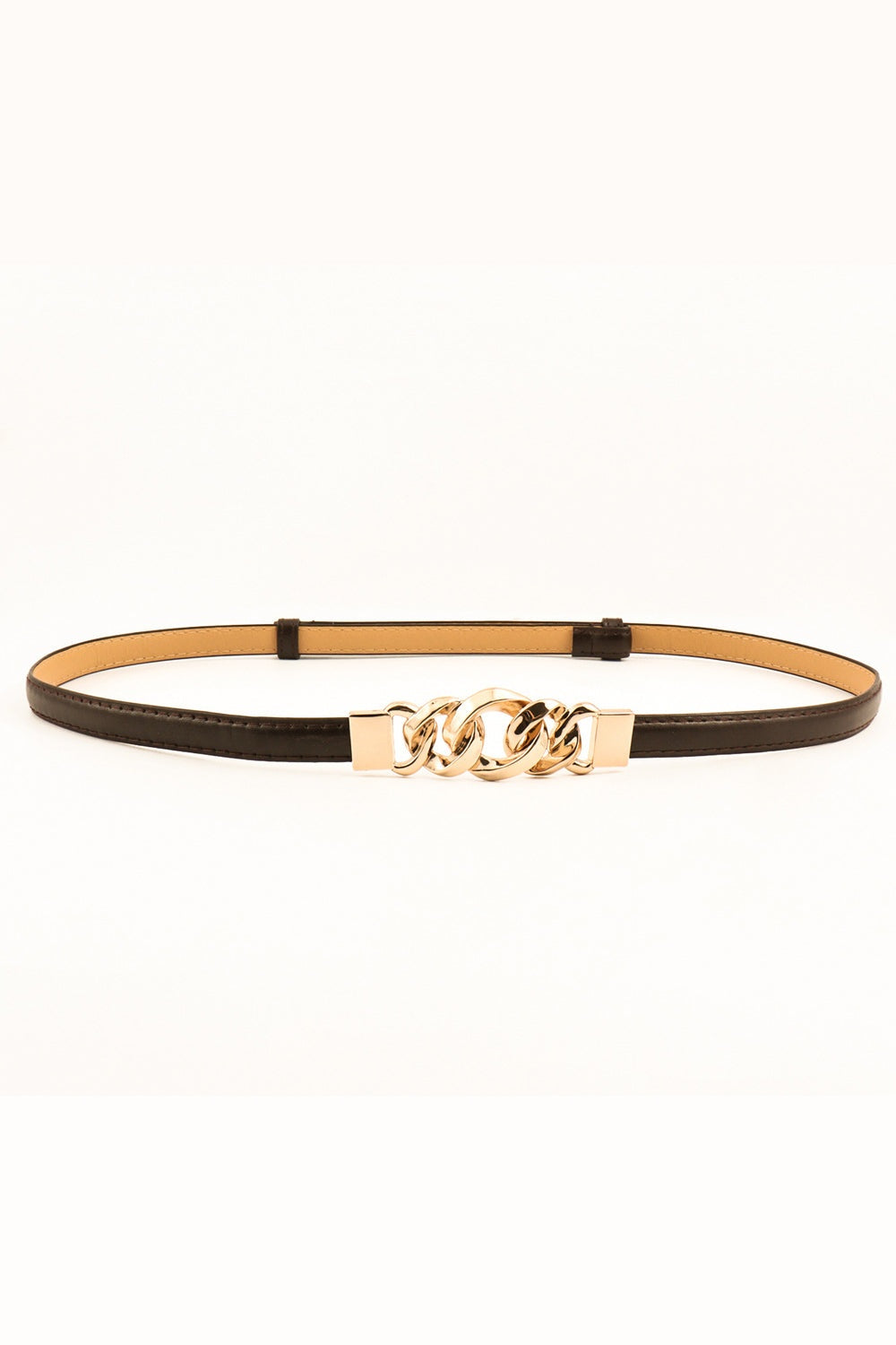 Slim black PU belt featuring a slender stitched strap and a sculptural gold-tone zinc alloy chain-link buckle detail at the center.