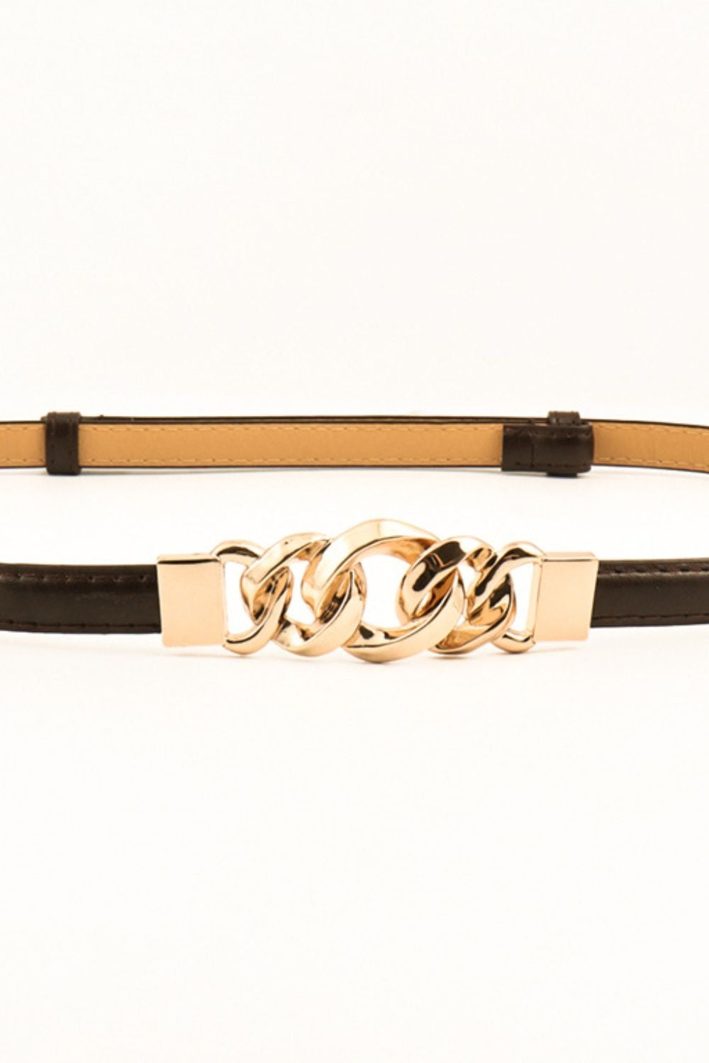 Skinny PU belt with a dark brown strap, streamlined silhouette, and a polished gold-tone zinc alloy buckle featuring a sculptural chain-link centerpiece.