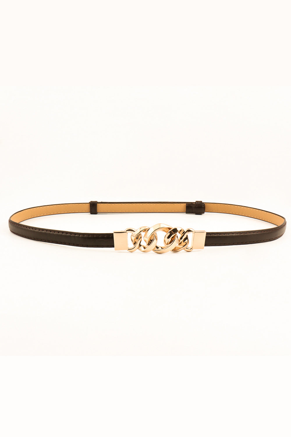 Slim black PU belt featuring a slender stitched strap and a sculptural gold-tone zinc alloy chain-link buckle detail at the center.