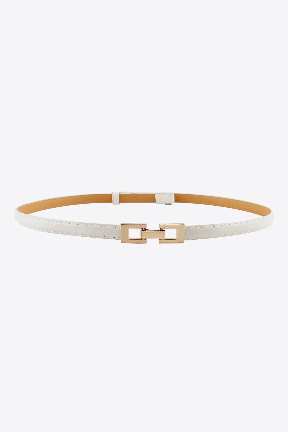 Slim white PU belt with stitched edges and a polished gold-tone geometric buckle, shown looped to highlight its narrow, streamlined silhouette.