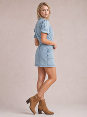 Puff Sleeve Button Up Mini Denim Dress-Medium-S-Soulshine Design