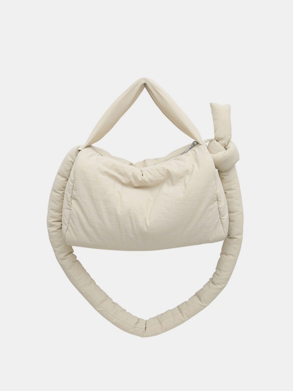 Cream puffy nylon medium crossbody bag with a softly rounded silhouette, padded construction, zip-top opening, short handle, and long gathered strap.