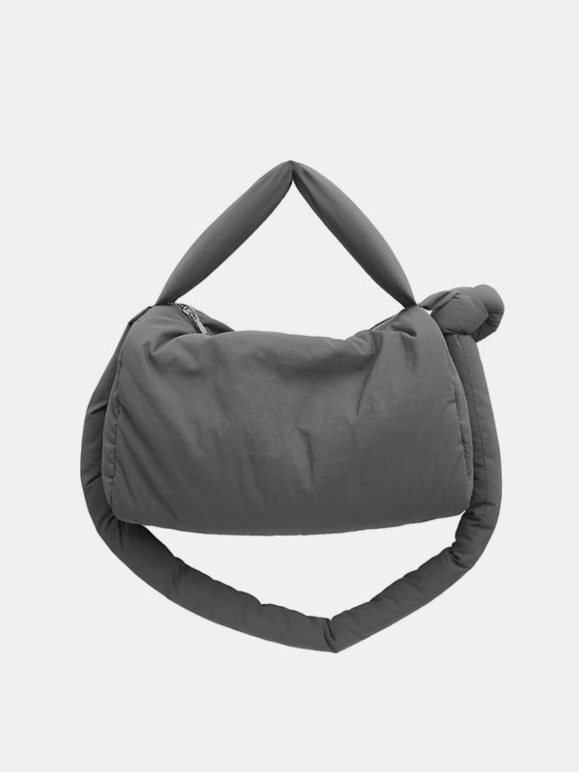 Dark gray puffy nylon medium crossbody bag with a softly rounded padded silhouette, zip-top opening, short top handle, and long padded strap.