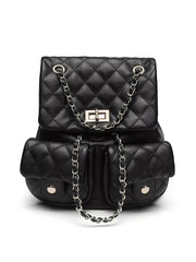 Small black PU leather quilted backpack with a rounded silhouette, flap closure, silver turn-lock, chain straps, and two front flap pockets.