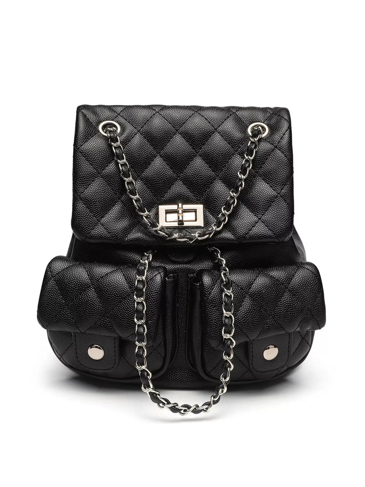 Small black PU leather quilted backpack with a rounded silhouette, flap closure, silver turn-lock, chain straps, and two front flap pockets.