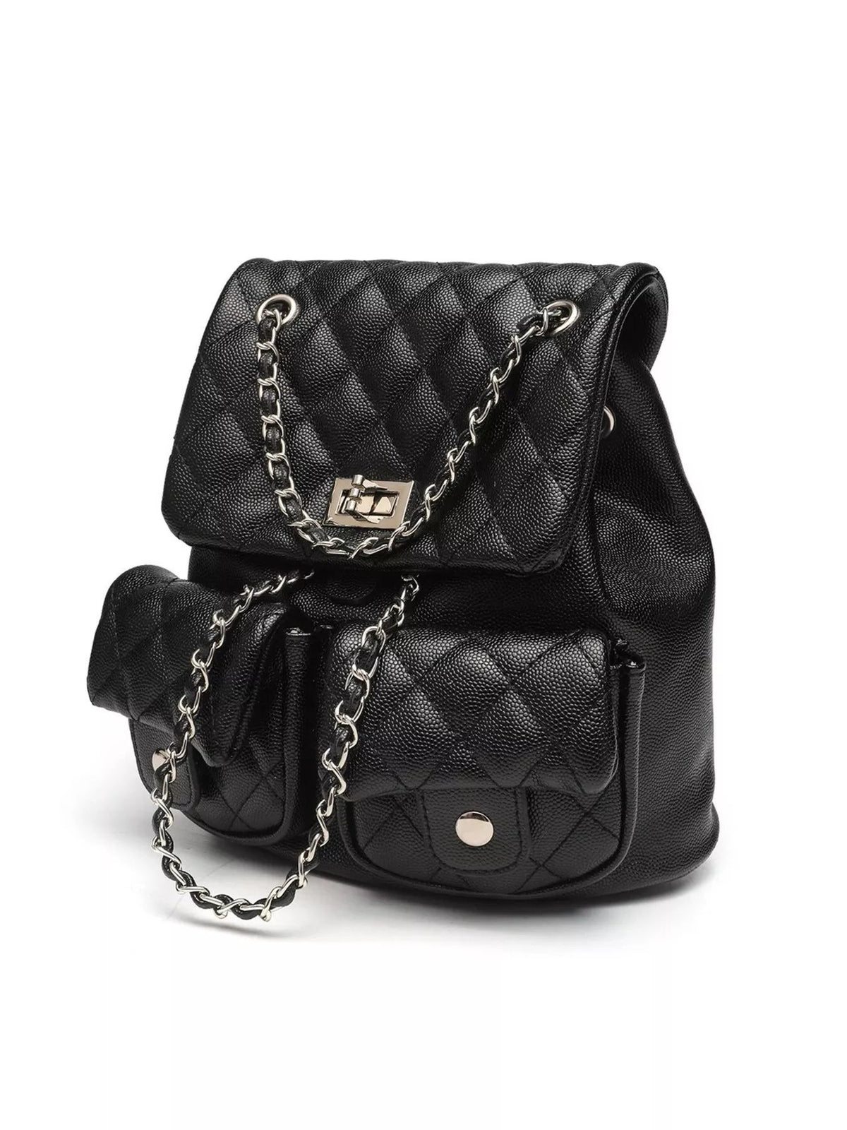 Small black PU leather quilted backpack bag with a structured silhouette, flap closure, front pockets, silver clasp, and chain straps.