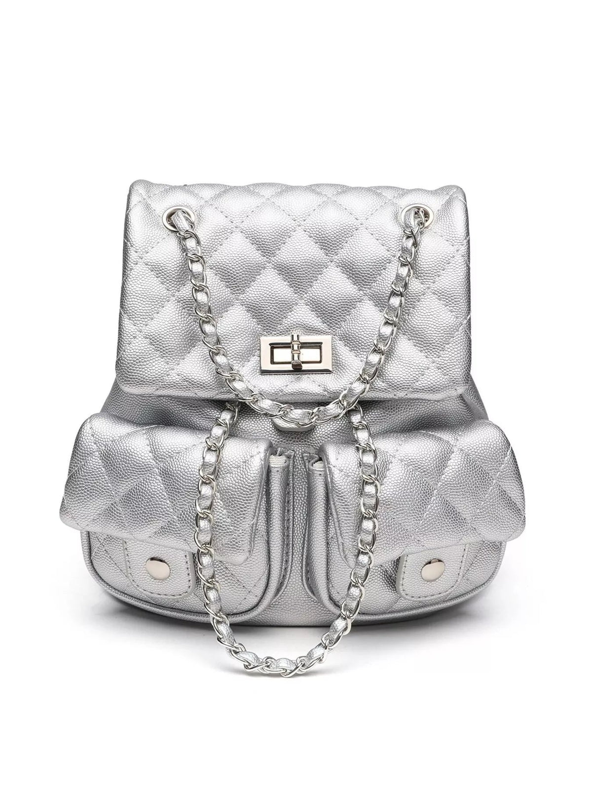 Small silver PU leather quilted backpack with a structured silhouette, flap closure, two front pockets, and linked chain straps.