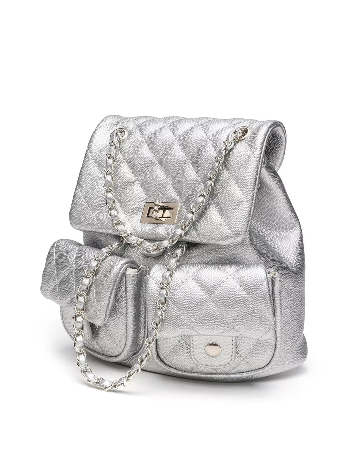 Small silver PU leather quilted backpack bag with a flap closure, turn-lock detail, front pockets, and a decorative chain strap.
