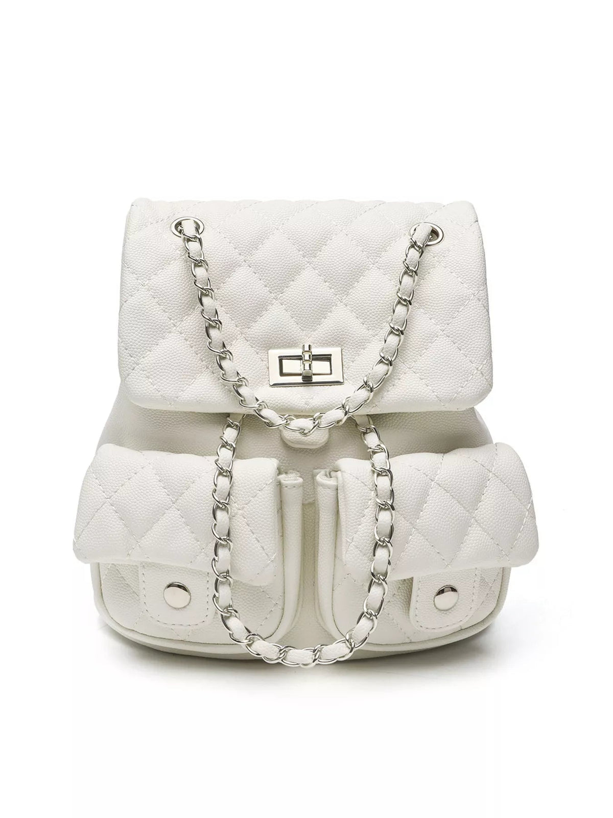 Small white PU leather quilted backpack bag with a flap closure, silver turn-lock clasp, chain straps, and two front pockets.