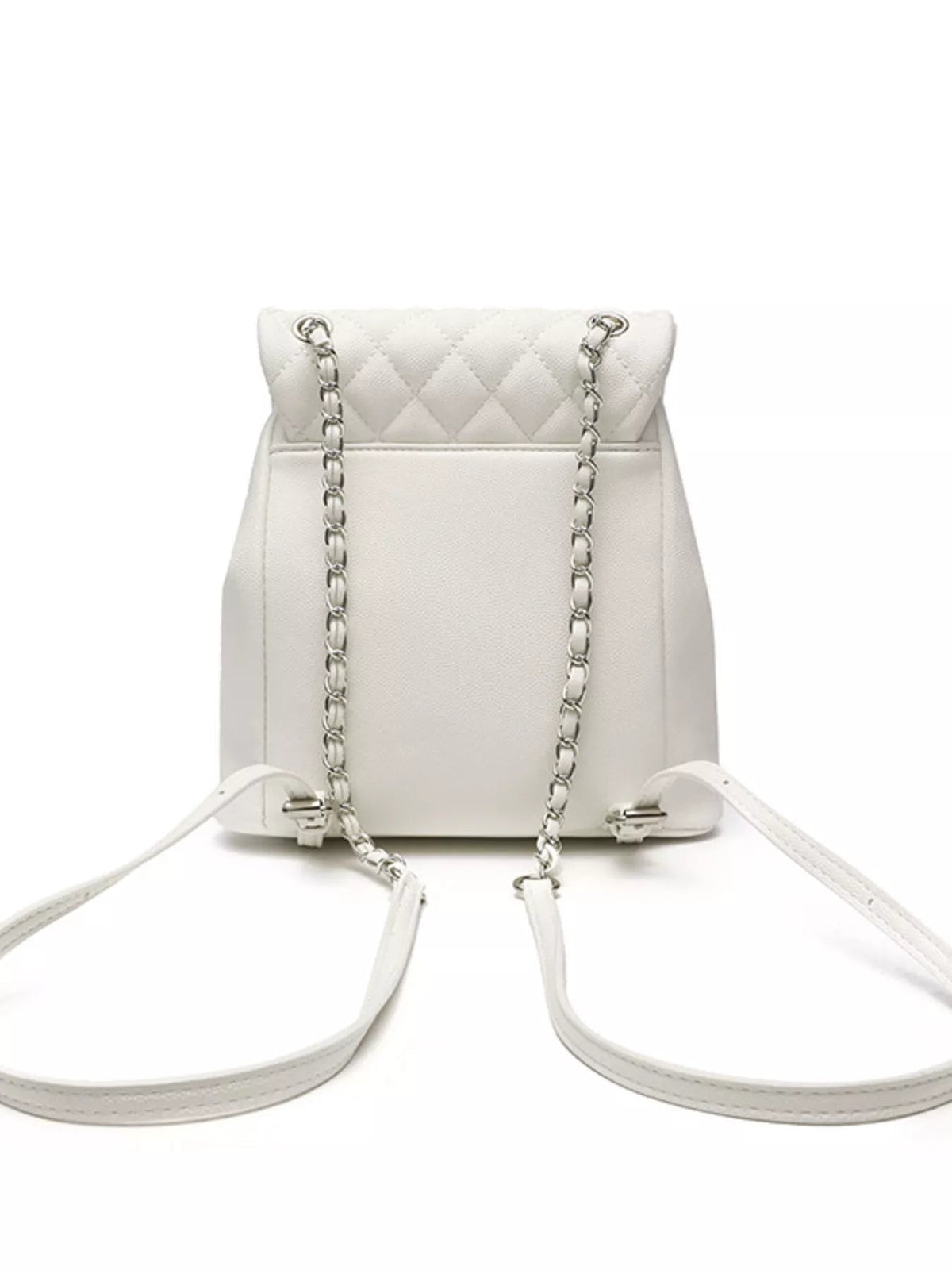 Small white PU leather backpack with a quilted flap, smooth front pocket, silver chain straps, and adjustable shoulder straps.