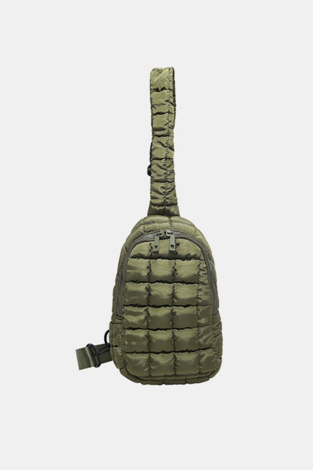 Olive green quilted nylon crossbody bag with a softly padded grid pattern, rounded elongated silhouette, adjustable strap, and dual-zip top opening.