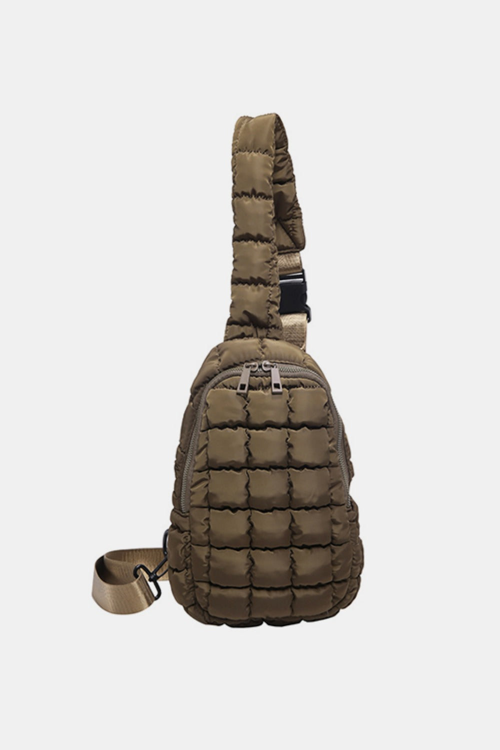 Olive-brown quilted nylon crossbody bag with a softly padded grid pattern, rounded elongated silhouette, adjustable strap, and dual-zip top closure.