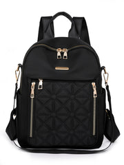 Black medium quilted Oxford cloth backpack with diamond stitching, dual front zippers, gold-tone hardware, a top handle, and adjustable shoulder straps.
