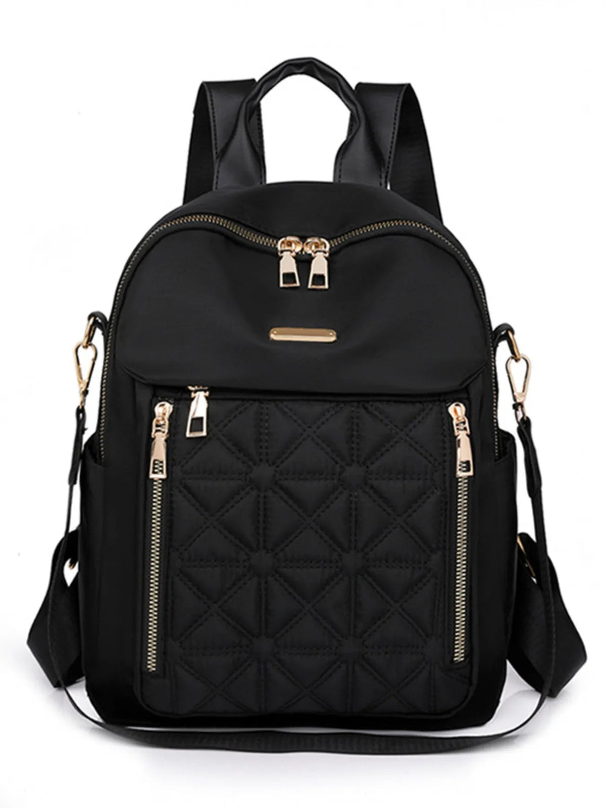 Black medium quilted Oxford cloth backpack with diamond stitching, dual front zippers, gold-tone hardware, a top handle, and adjustable shoulder straps.