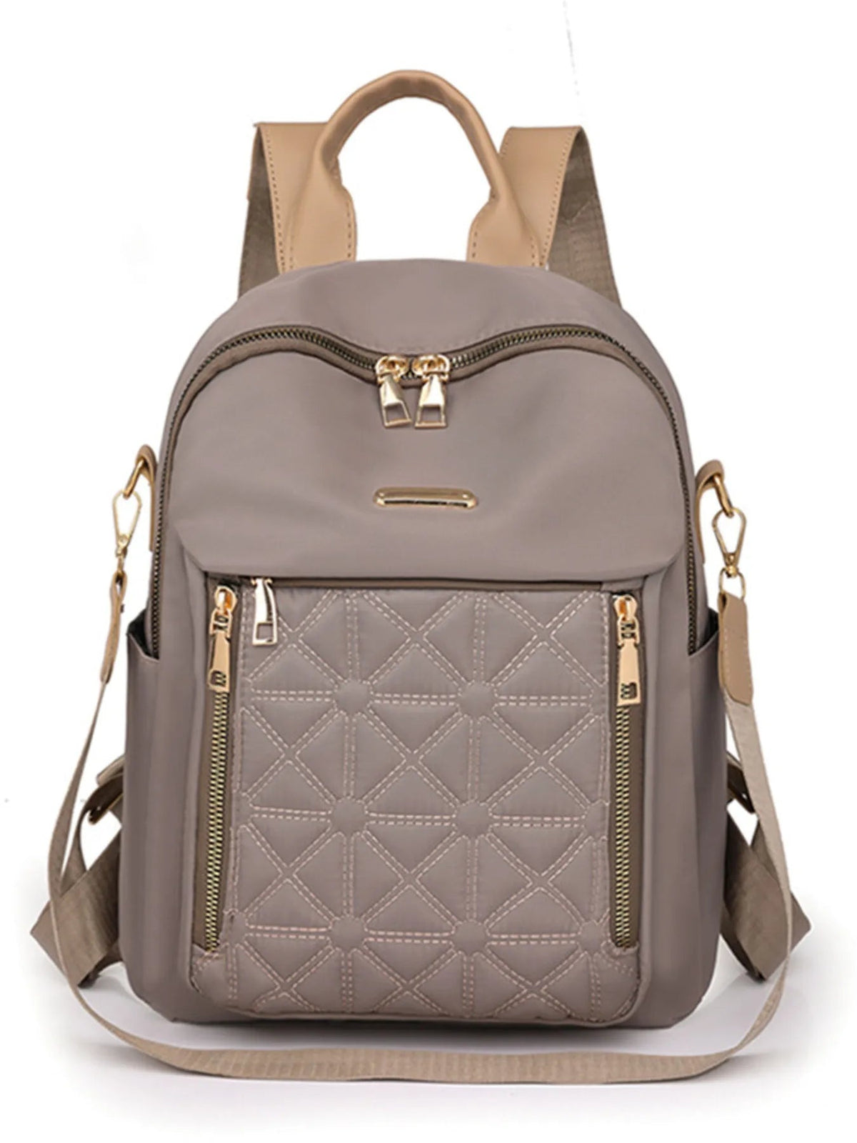 Taupe quilted Oxford cloth backpack with a structured silhouette, top handle, adjustable shoulder straps, gold-tone zippers, and a diamond-stitched front pocket.