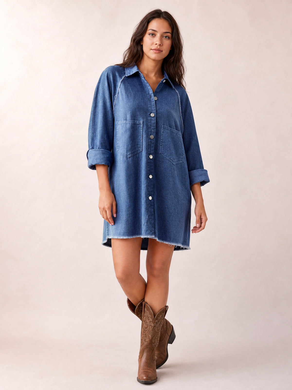 Raw Hem Button Up Denim Dress-Dark Blue-S-Soulshine Design