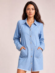 Raw Hem Button Up Denim Dress-Light Blue-S-Soulshine Design
