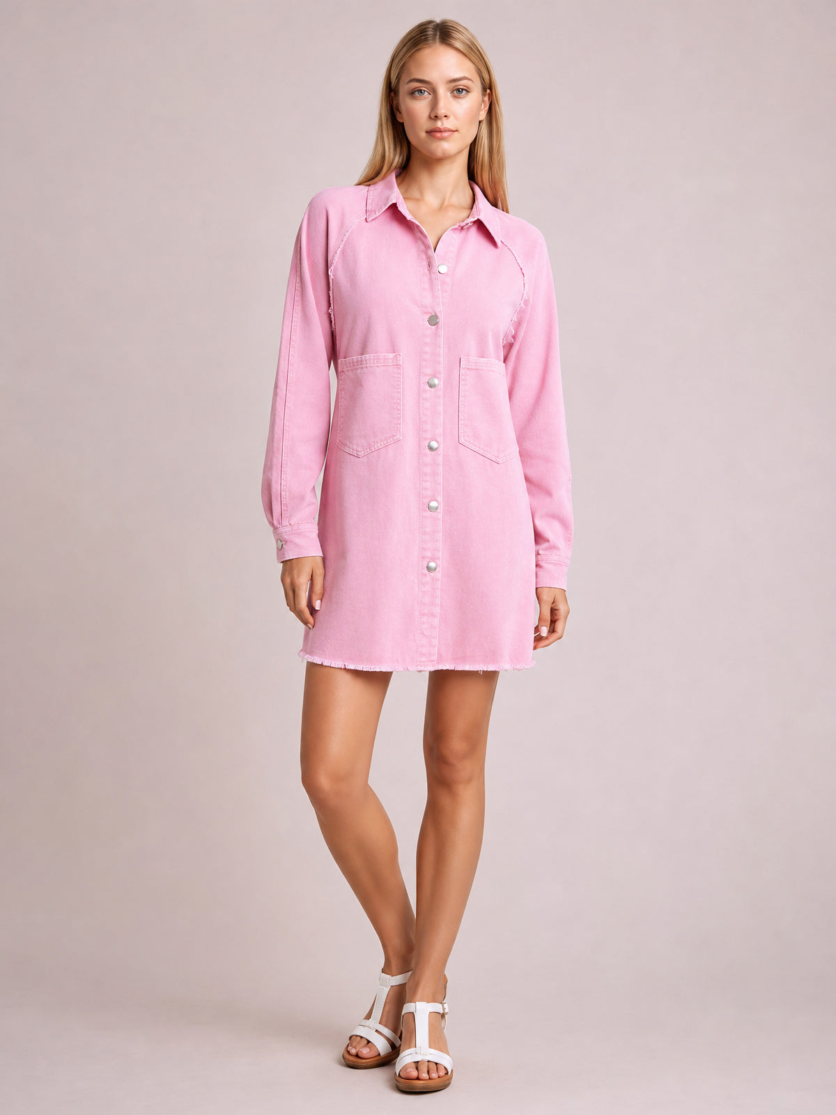 Raw Hem Button Up Denim Dress-Pink-S-Soulshine Design
