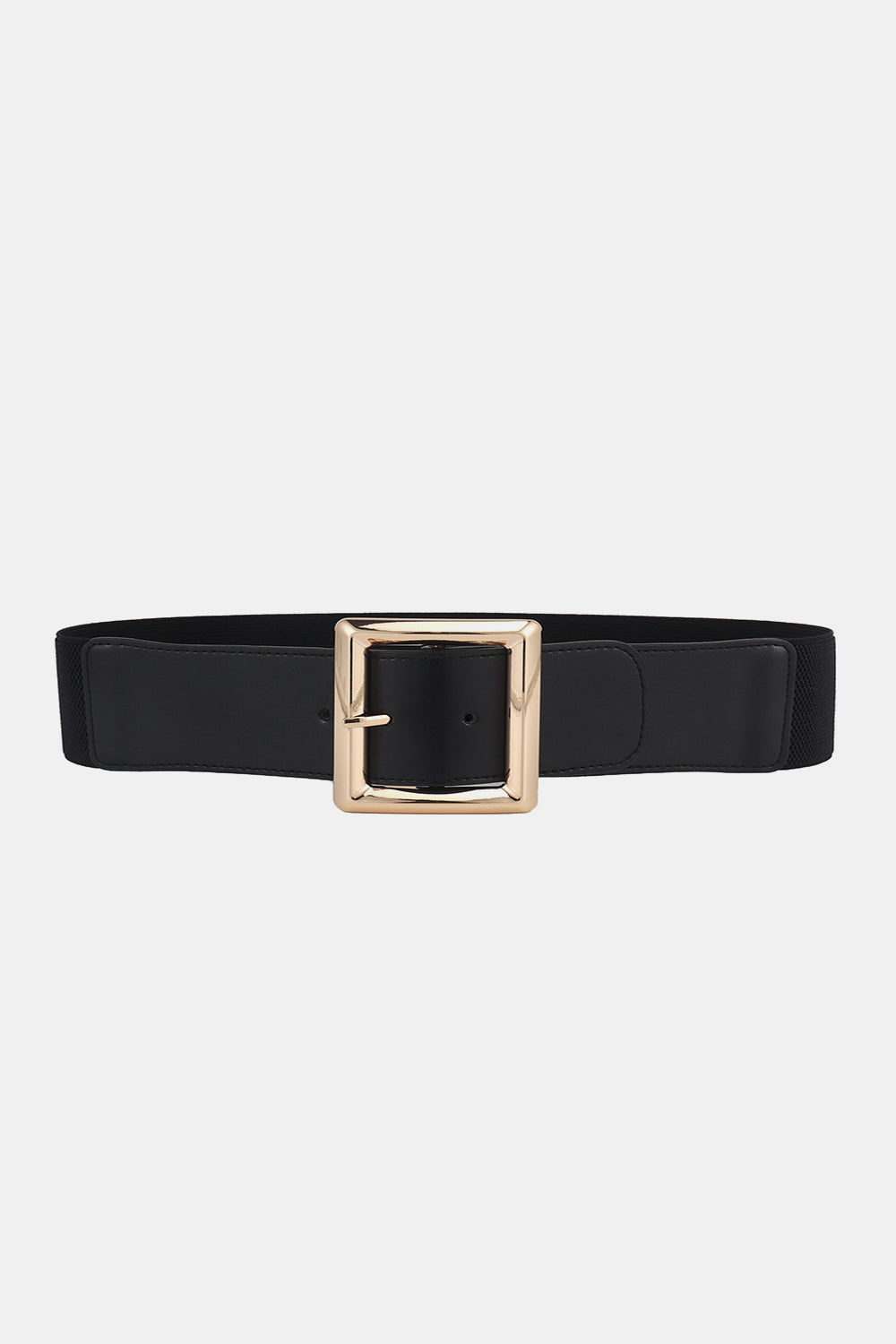 Black wide elastic belt with a sleek PU band, subtle stitched detailing, and an oversized rectangular alloy buckle in a warm metallic finish.