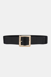 Black wide elastic belt with a sleek PU band, subtle stitched detailing, and an oversized rectangular alloy buckle in a warm metallic finish.