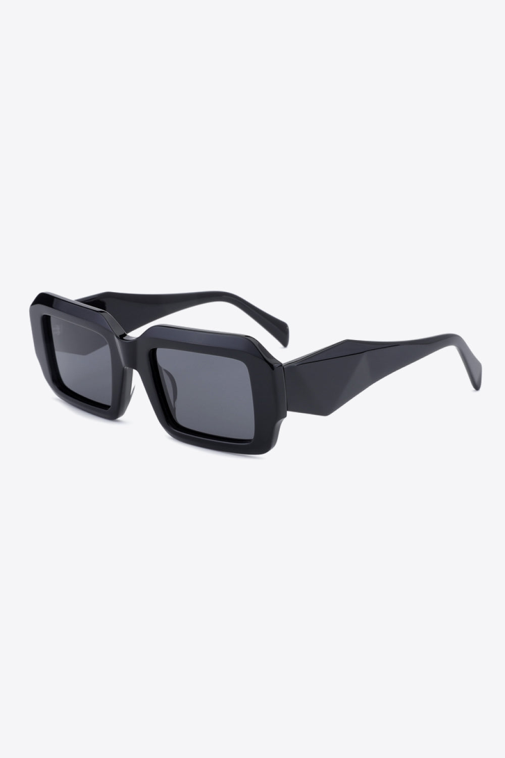 Sleek black rectangular sunglasses feature a bold full-rim acetate frame, dark TAC polarized lenses, and wide sculpted temples for a modern statement silhouette.