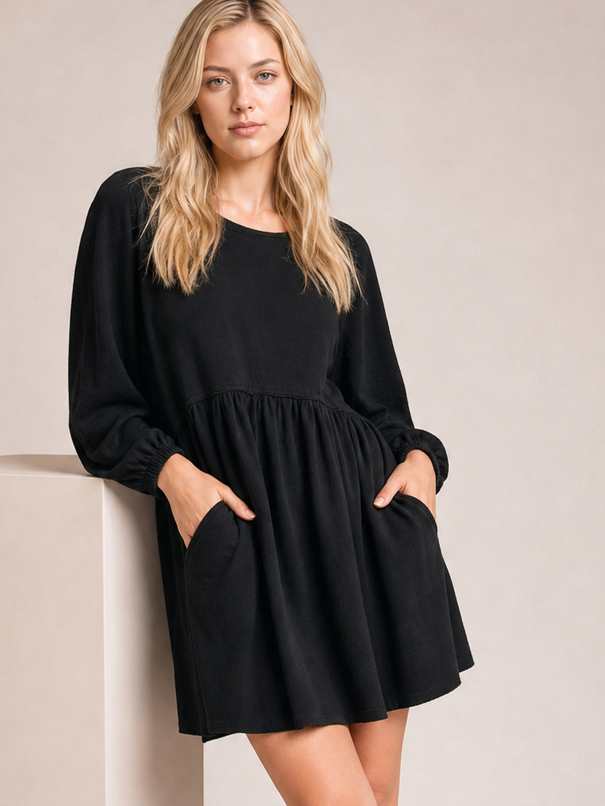Relaxed Textured Babydoll Mini Dress with Back Keyhole Detail-Soulshine Design