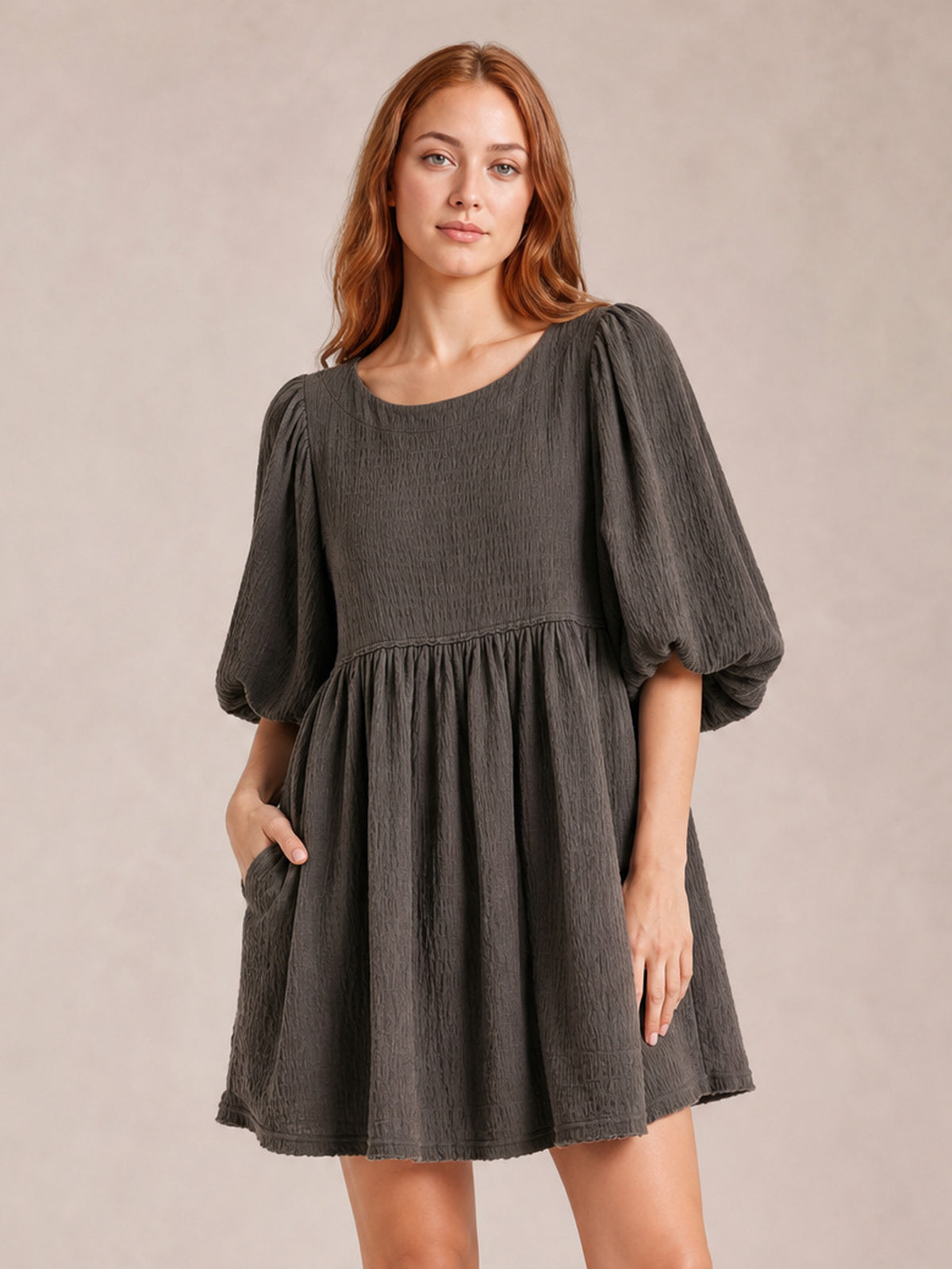 Relaxed Textured Babydoll Mini Dress with Back Keyhole Detail-Soulshine Design