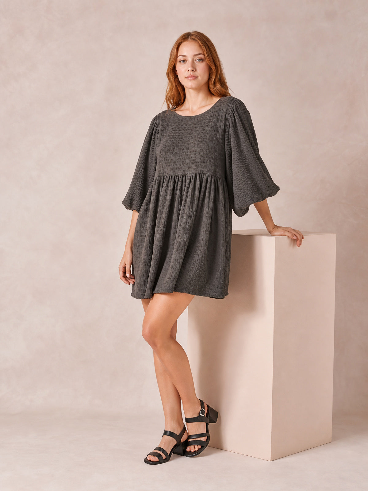 Relaxed Textured Babydoll Mini Dress with Back Keyhole Detail-Soulshine Design