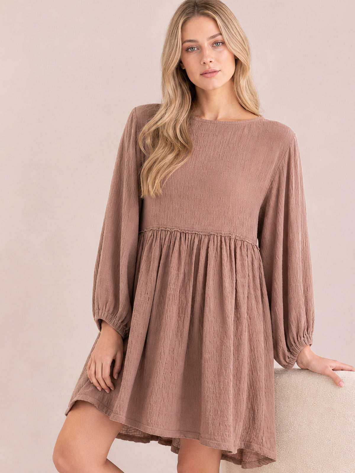 Relaxed Textured Babydoll Mini Dress with Back Keyhole Detail-Soulshine Design