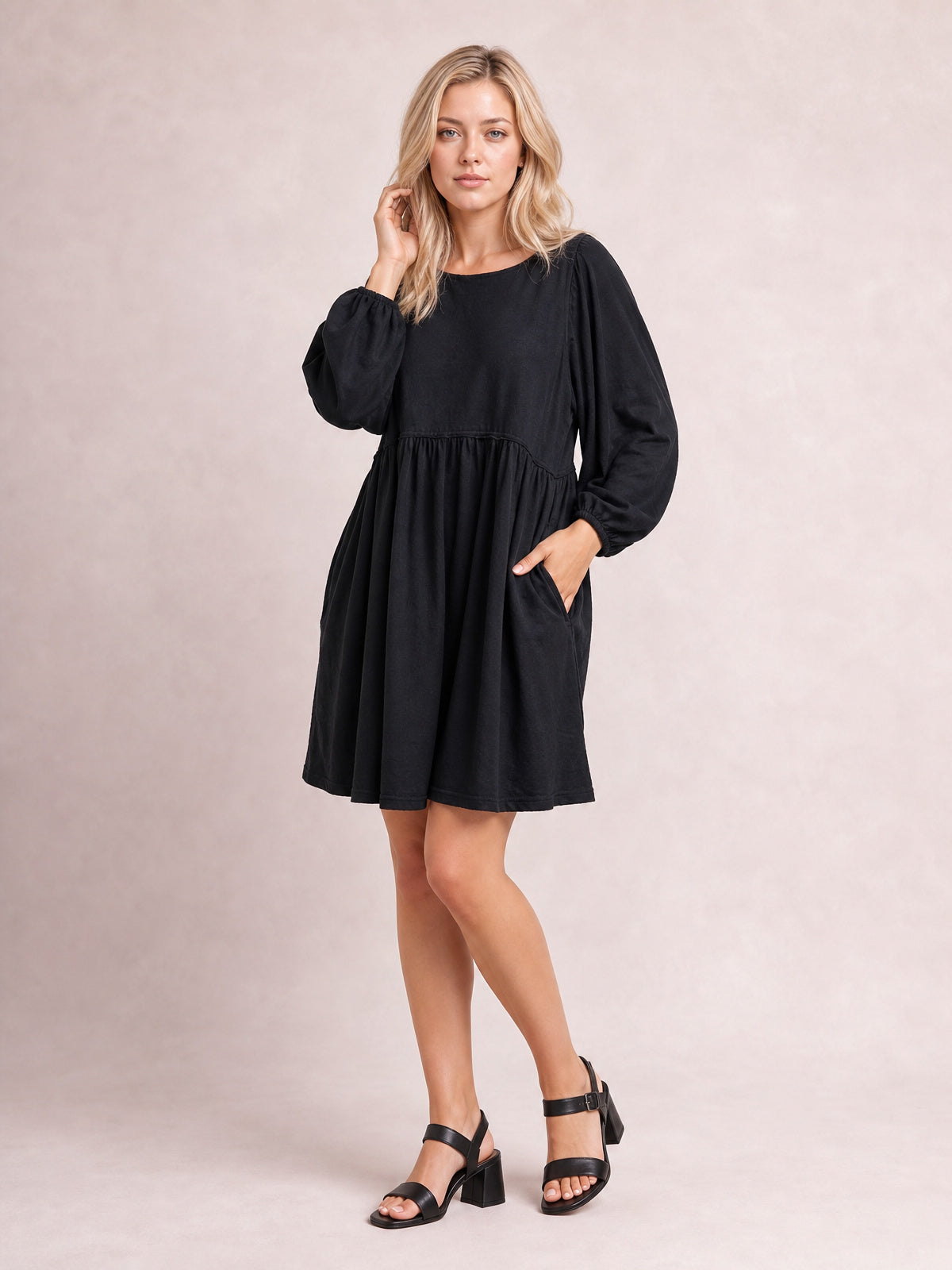 Relaxed Textured Babydoll Mini Dress with Back Keyhole Detail-Black-S-Soulshine Design