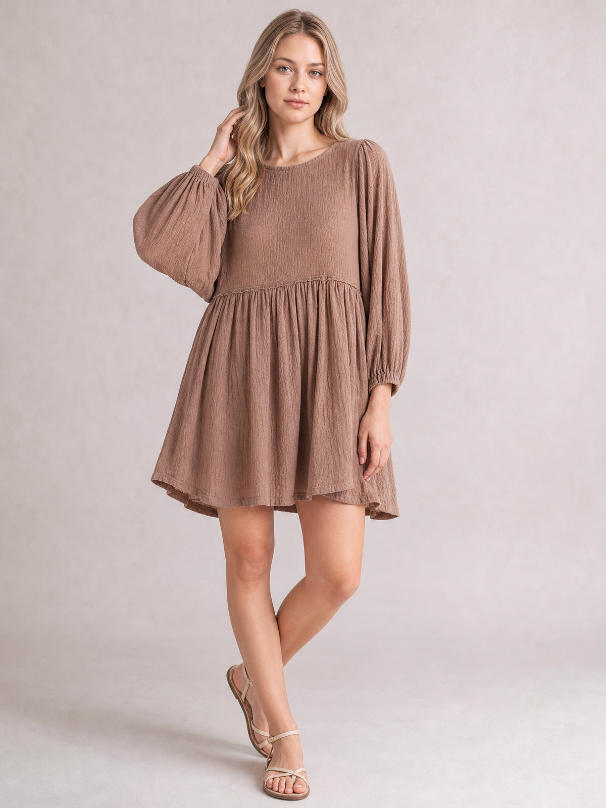 Relaxed Textured Babydoll Mini Dress with Back Keyhole Detail-Caramel-S-Soulshine Design