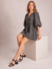 Relaxed Textured Babydoll Mini Dress with Back Keyhole Detail-Dark Gray-S-Soulshine Design
