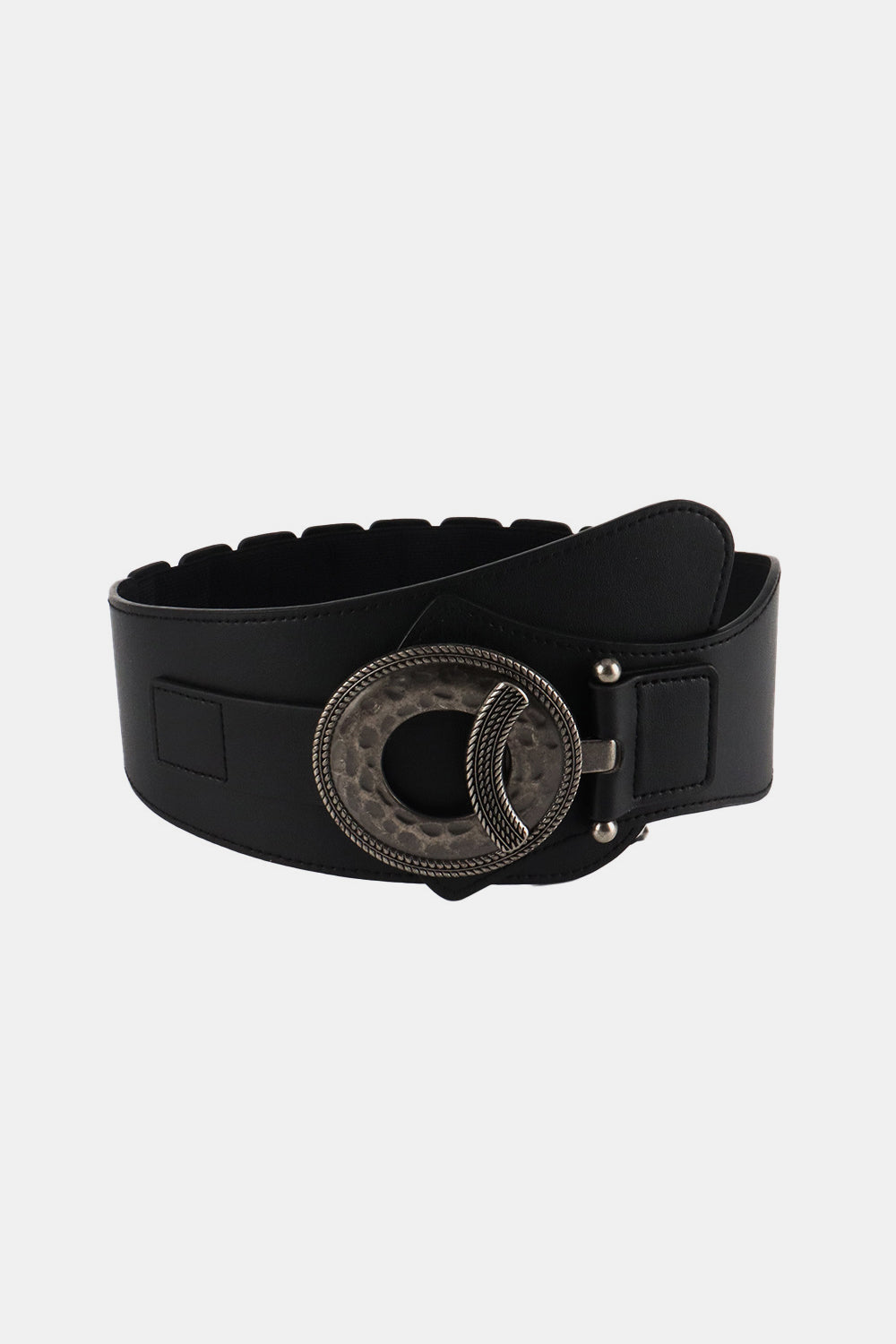 Black retro-inspired wide elastic PU belt with a defined silhouette, stitched detailing, shaped ends, and a statement round alloy buckle.