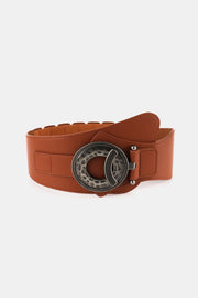Retro-inspired brown PU elastic wide belt with stitched detailing, shaped ends, and a statement round alloy buckle.