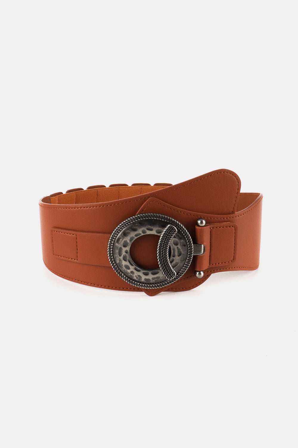 Retro-inspired brown PU elastic wide belt with stitched detailing, shaped ends, and a statement round alloy buckle.