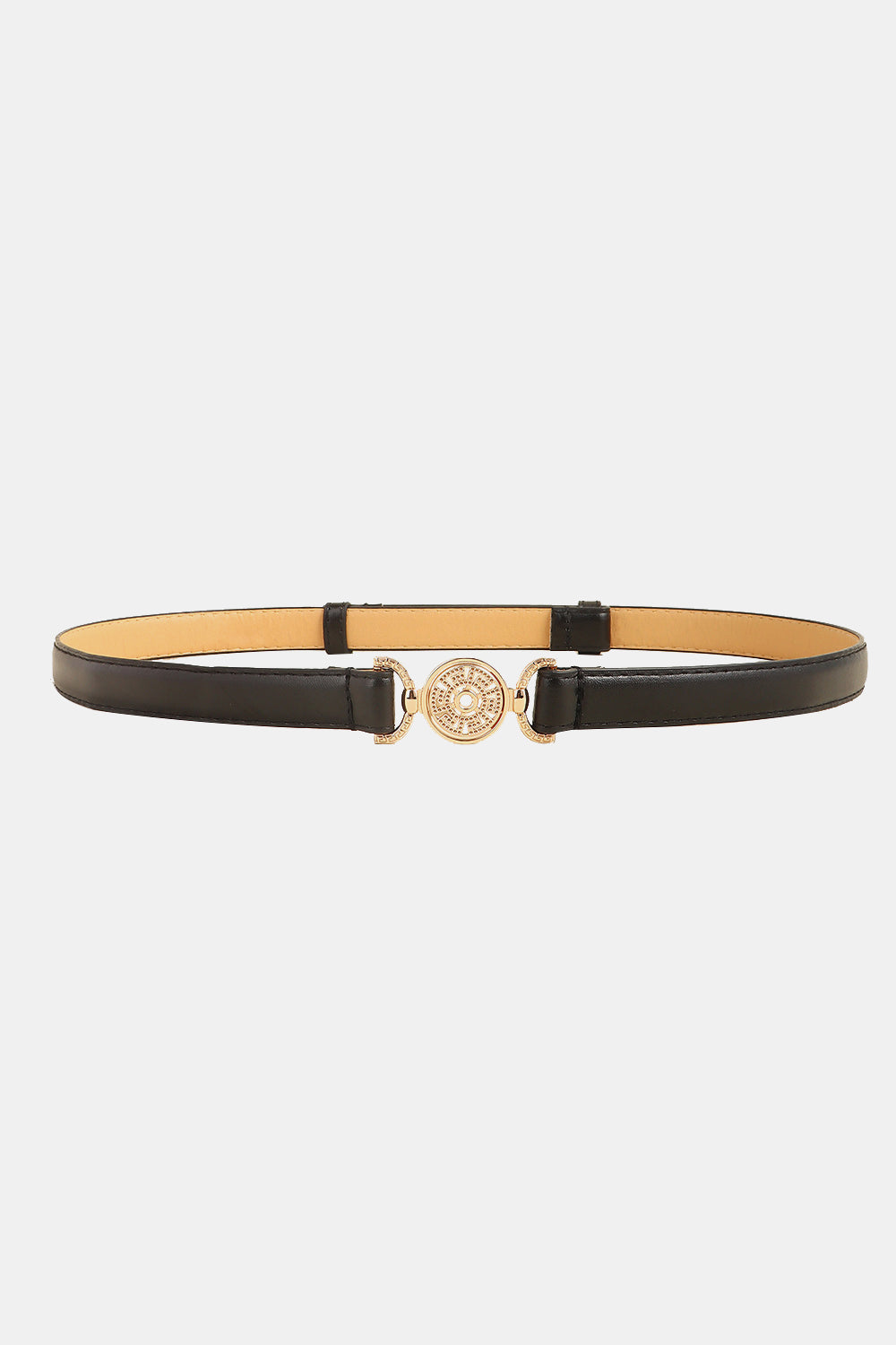 Slim black PU leather belt with a polished alloy buckle featuring an ornate circular design and rhinestone decoration.