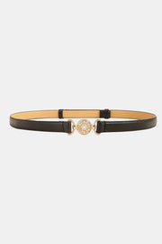Slim black PU leather belt with a polished alloy buckle featuring an ornate circular design and rhinestone decoration.