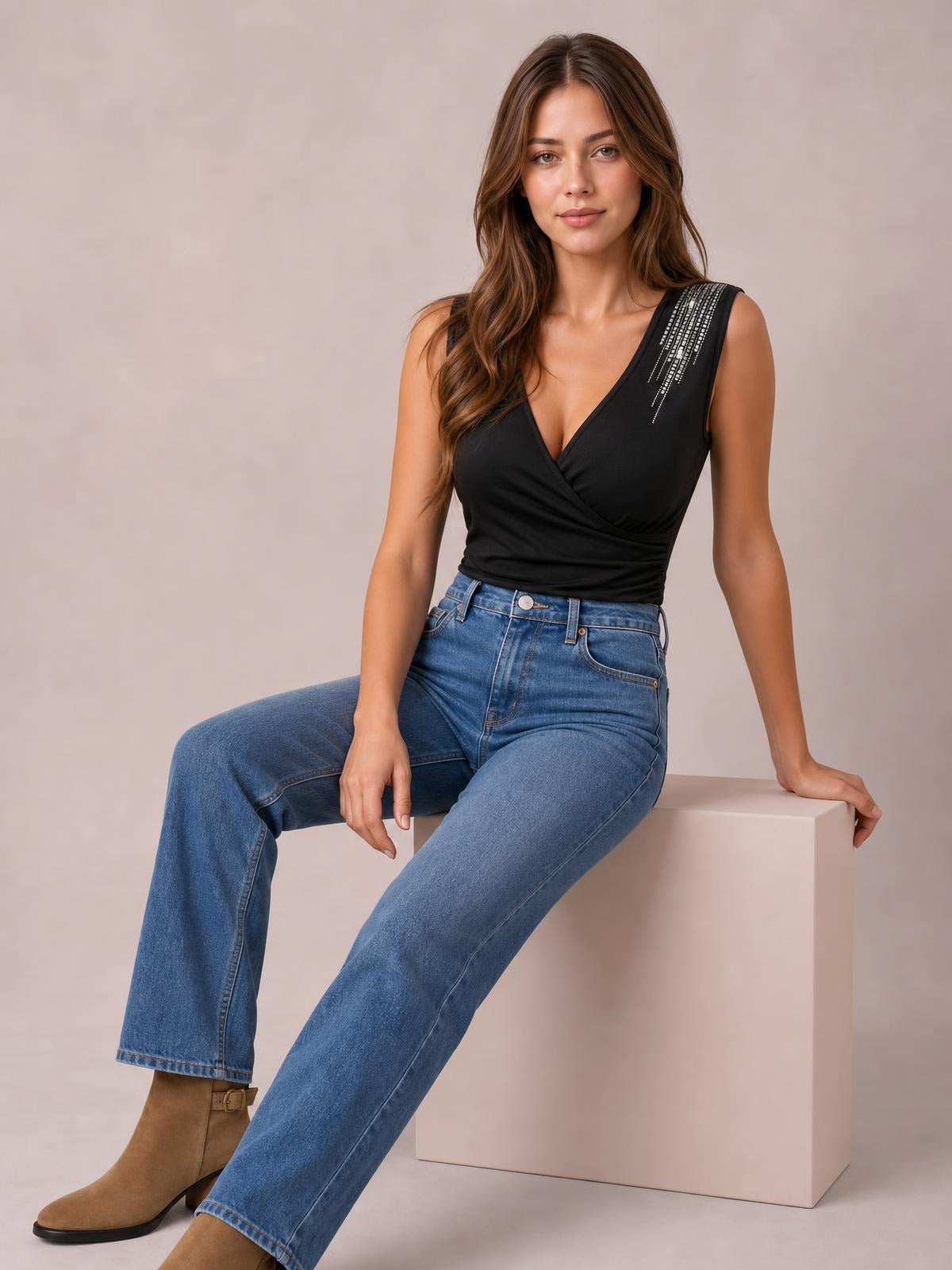 Model seated in a black surplice tank with a fitted silhouette, wide shoulder straps, and rhinestone detailing along one shoulder.