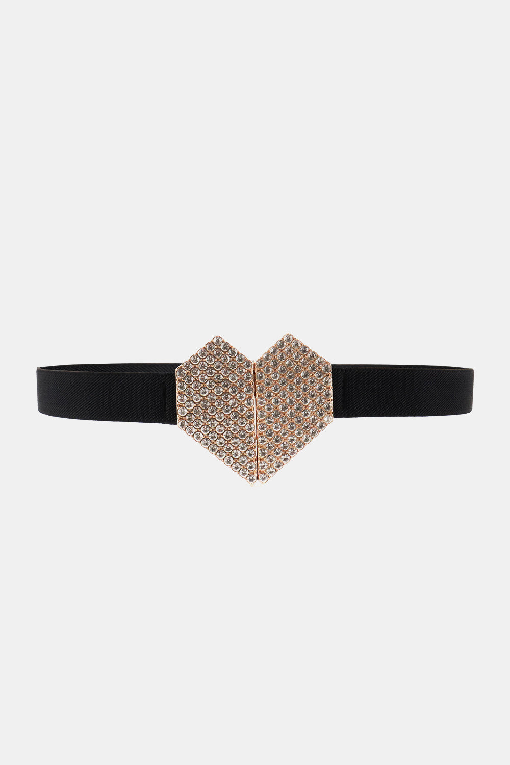 Black elastic belt with a slim band and large heart-shaped buckle covered in sparkling rhinestones, creating a polished statement accessory.