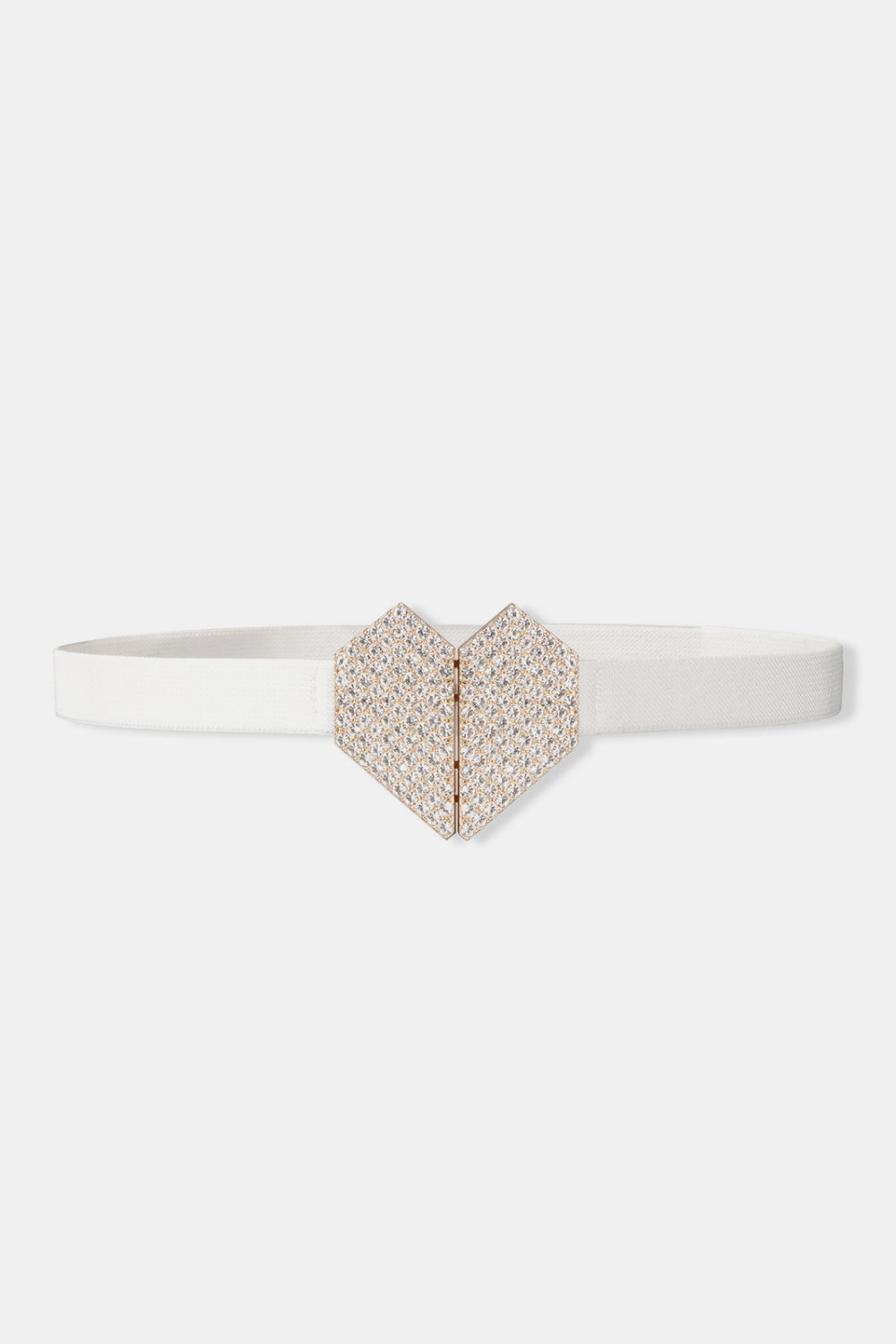 A slim white elastic belt features a sparkling rhinestone heart buckle with a faceted zinc alloy construction and centered statement silhouette.